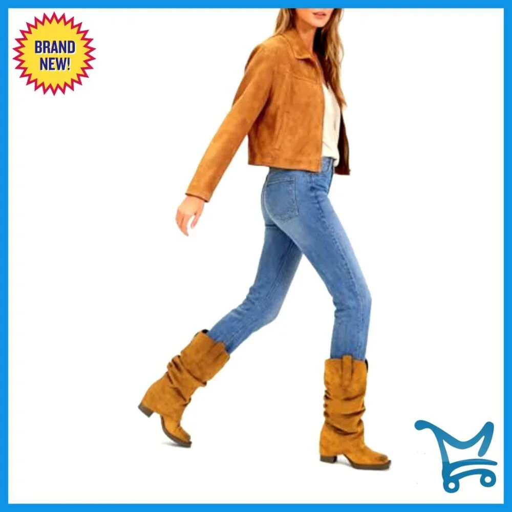 Faux Suede Fold Over Boots Square Toe Chunky Heel Mid Calf Western - Picture 3 of 7